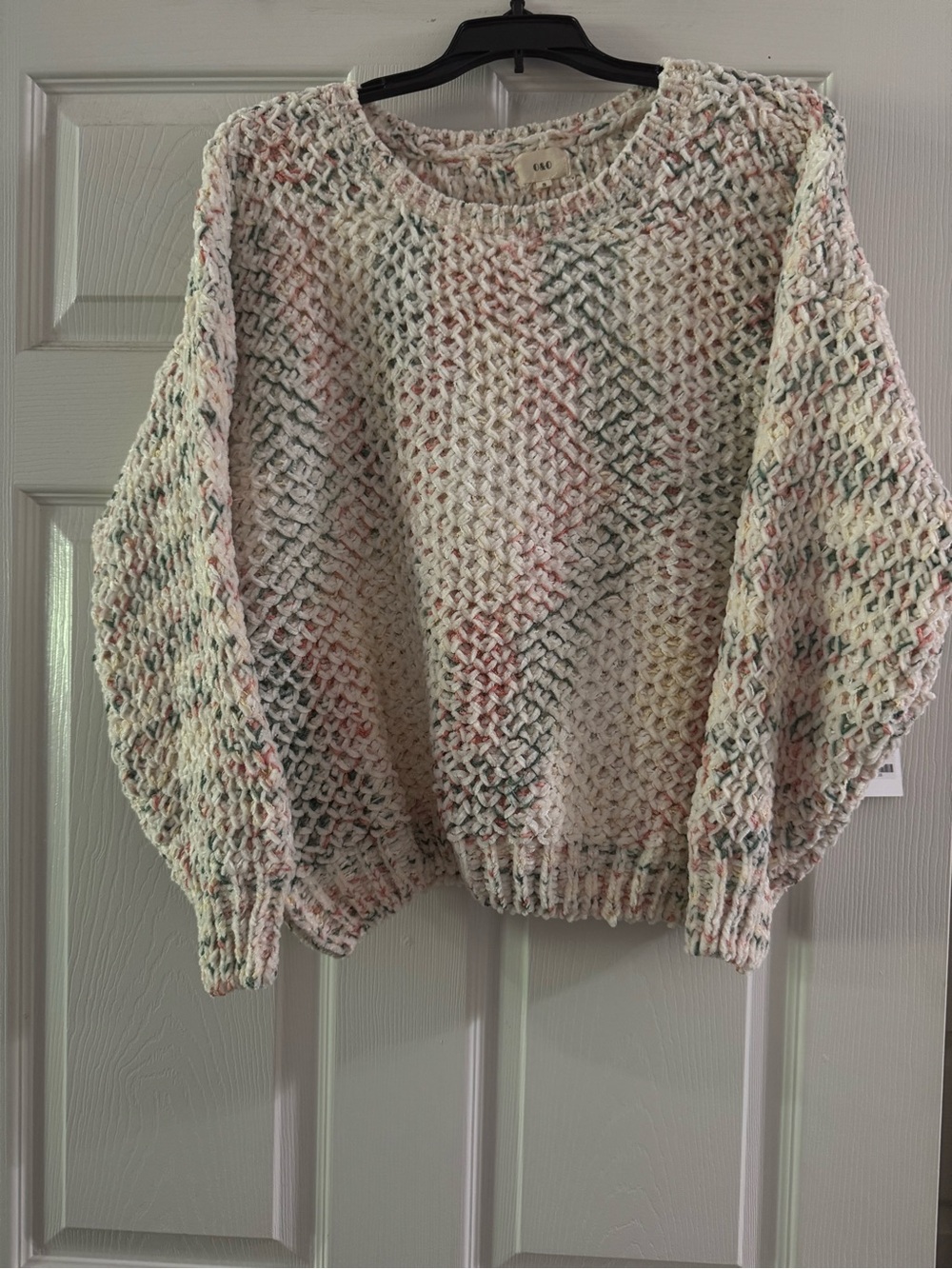 Open-Knit Crewneck Sweater in Cream with Pastel Speckles